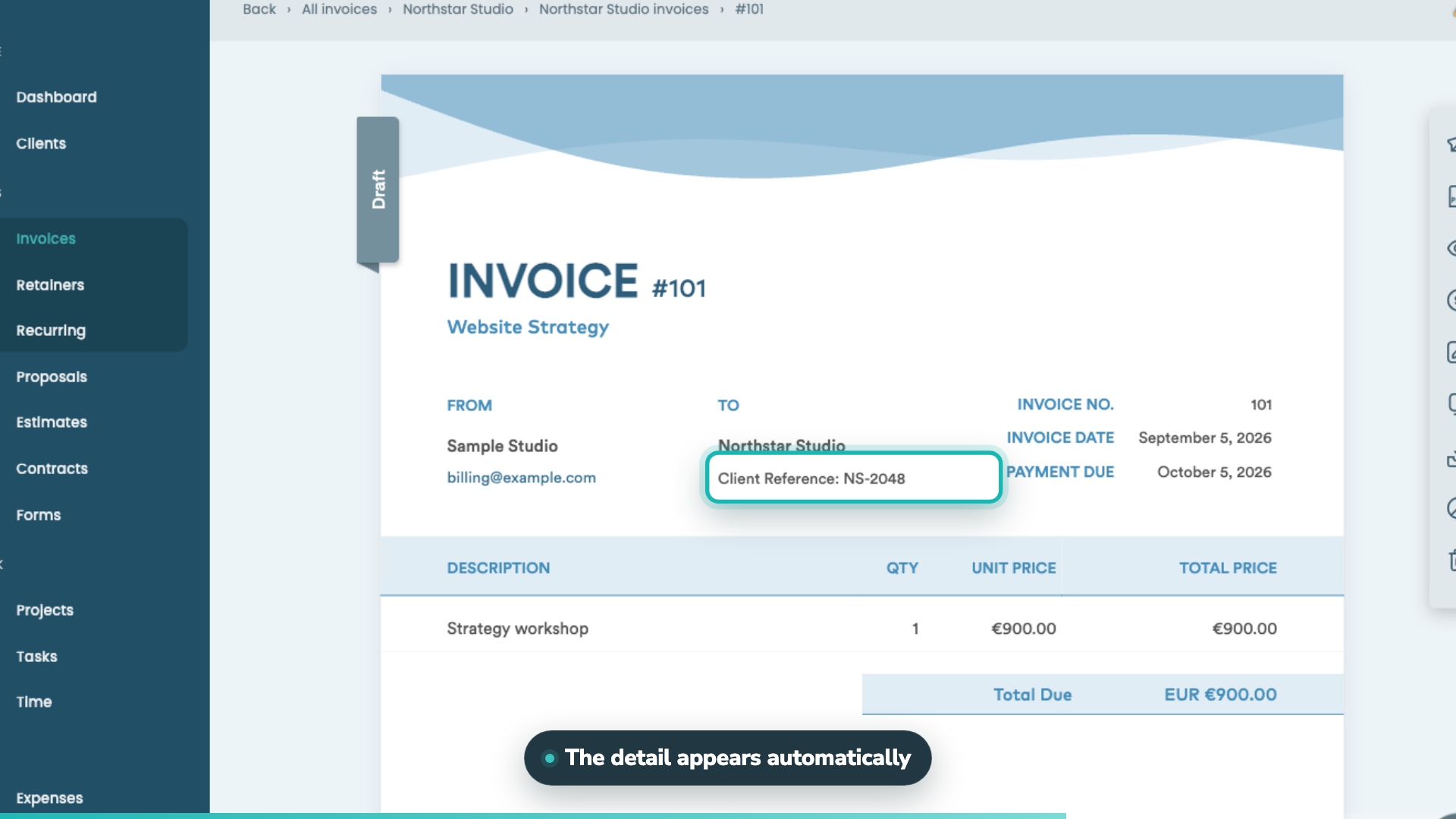 A Clientary invoice with a saved client reference.